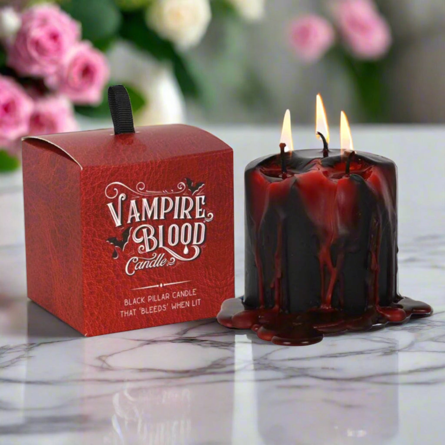 Vampire blood candles with a red box labeled 'Vampire Blood Candle' on a white background