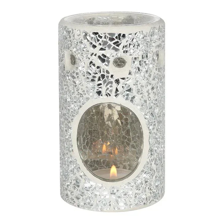 Crackle glass oil burner with circular flame window, clear silver cylindrical design