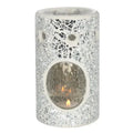 Crackle glass oil burner with circular flame window, clear silver cylindrical design
