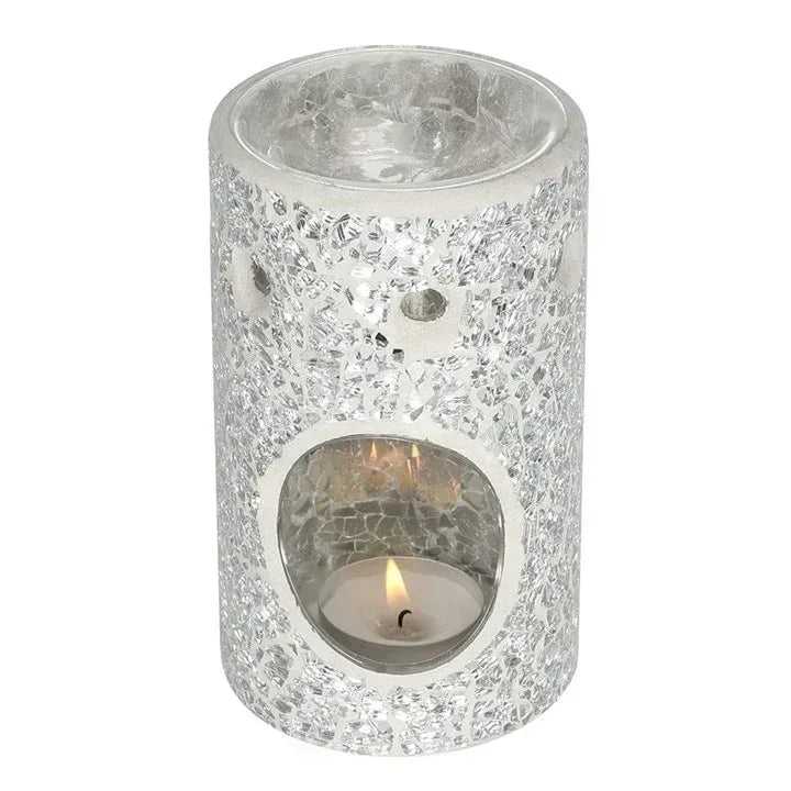 Crackle glass wax warmer jar with round flame window and open flame, clear silver cylinder