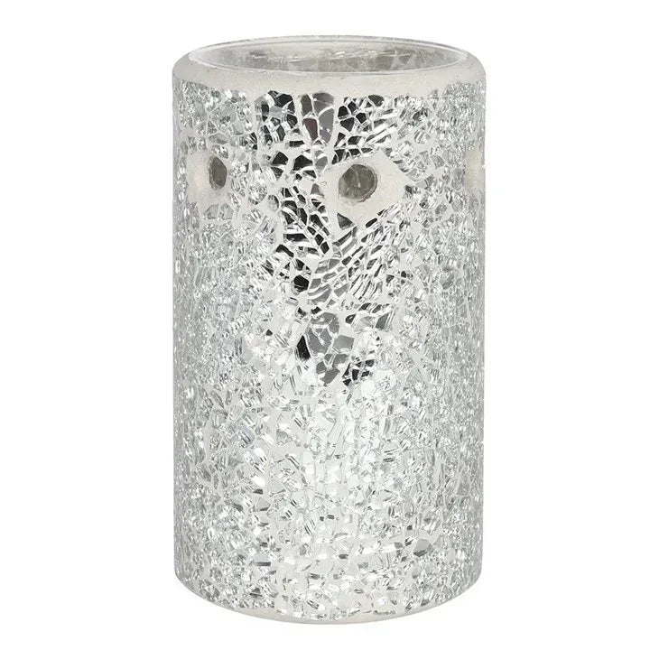 Silver crackle glass wax warmer cylinder with clear mosaic texture