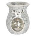 Silver crackle wax warmer oil burner with round burner dish and lit candle flame