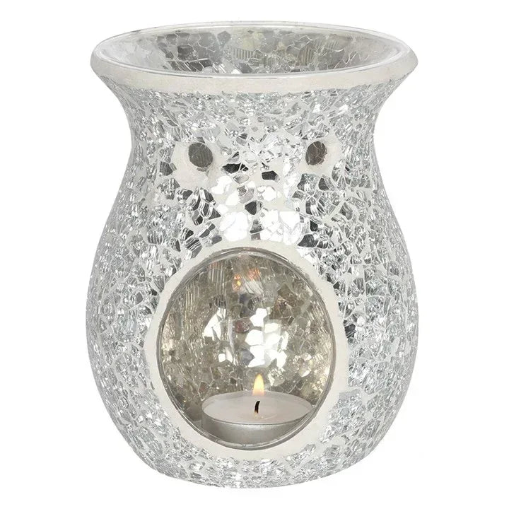 Silver crackle wax warmer oil burner with round burner dish and lit candle flame