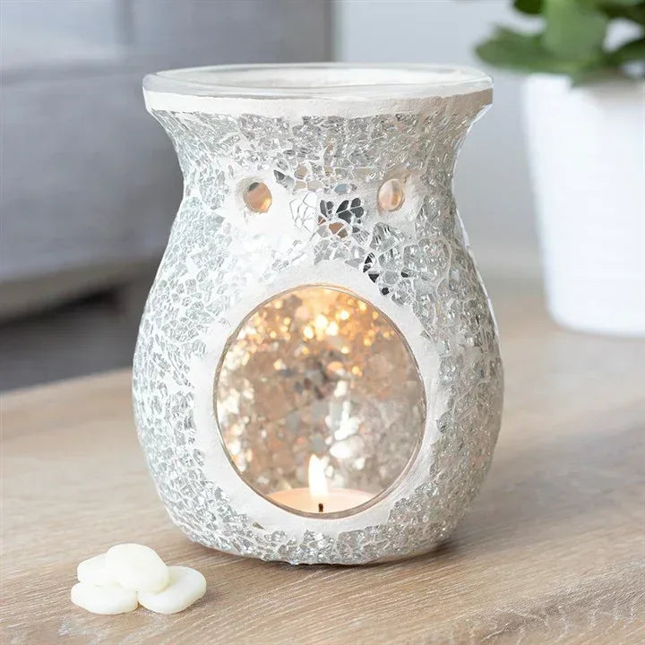 Silver crackle wax warmer oil burner jar with round glass insert and lit candle