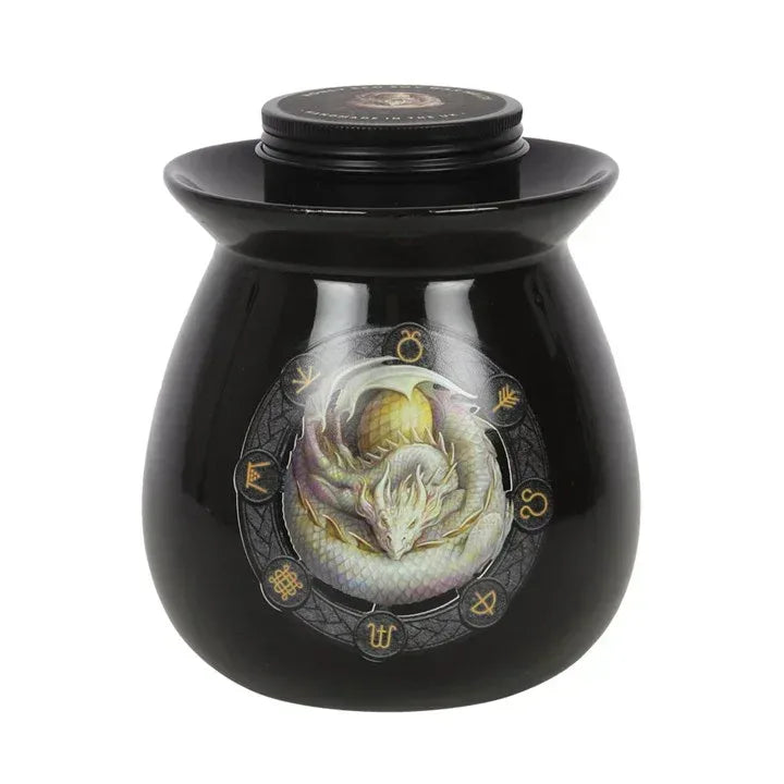 Black ceramic wax melt burner with lid and dragon artwork on front