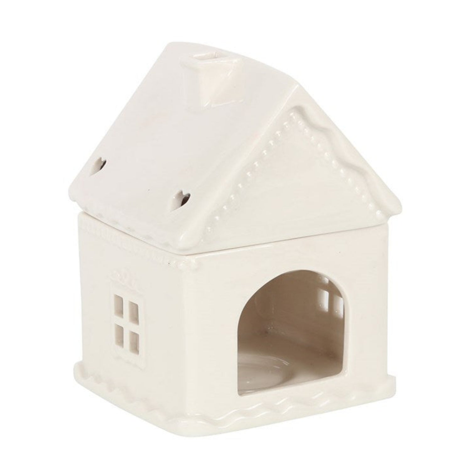 White ceramic house-shaped lantern on a white background