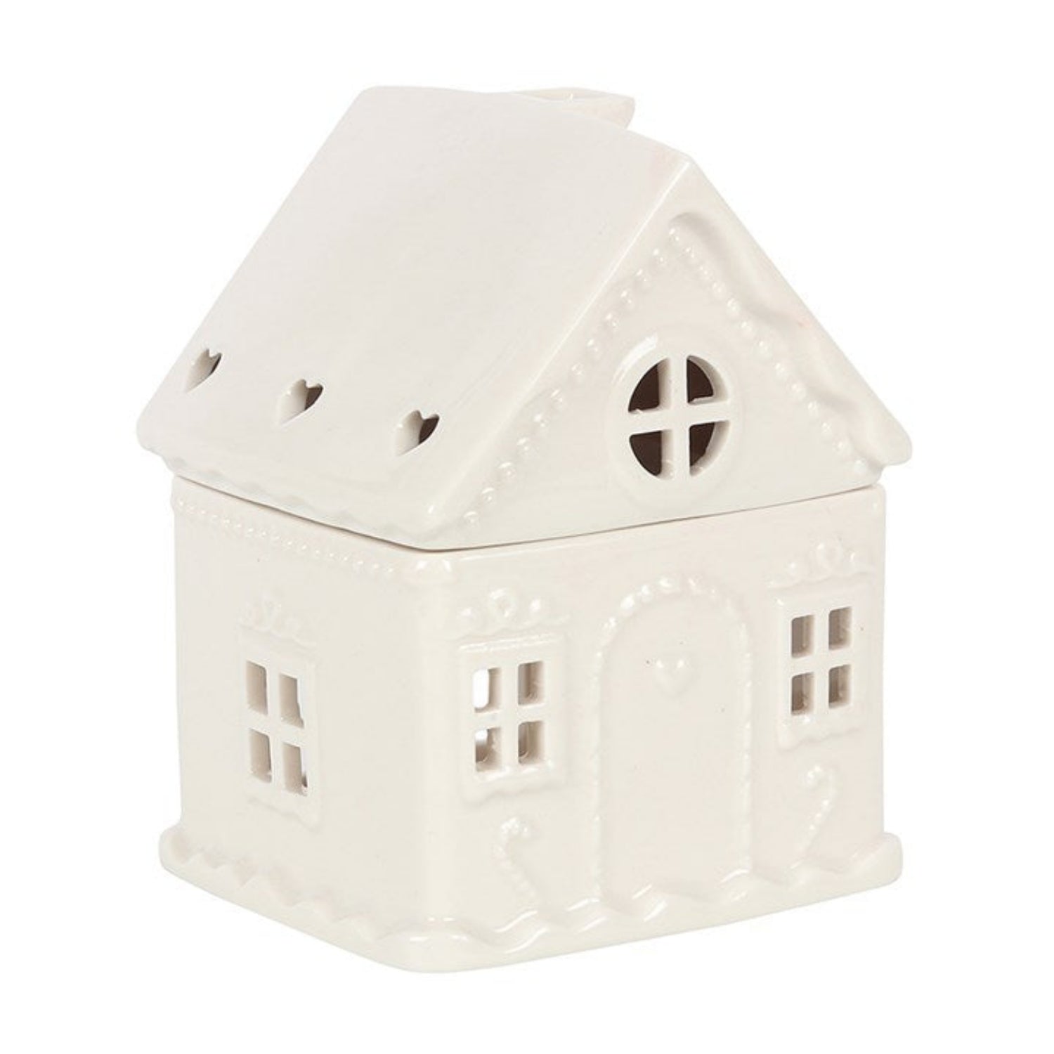 White ceramic house-shaped lantern on a white background