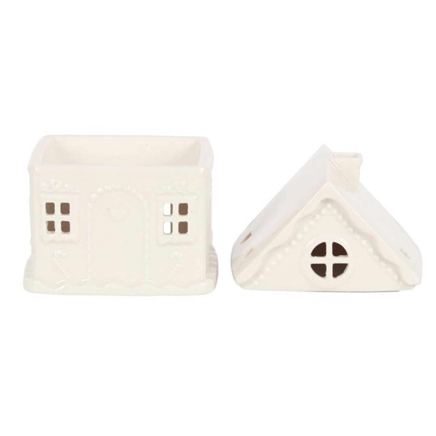 Two white ceramic house-shaped objects on a white background