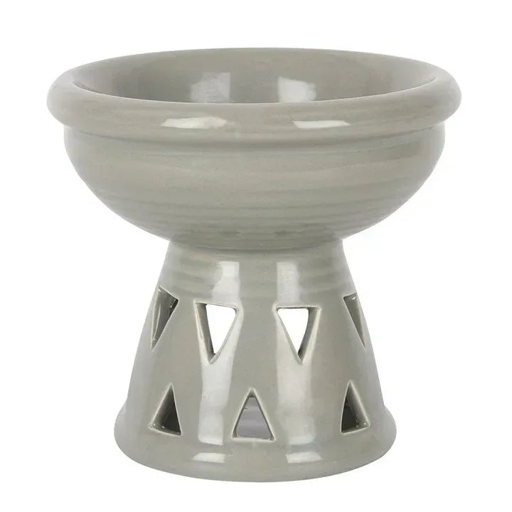 Gray ceramic deep-bowl oil burner and wax warmer with triangular cutouts