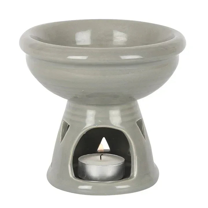 Gray ceramic wax warmer with deep bowl and tealight candle holder