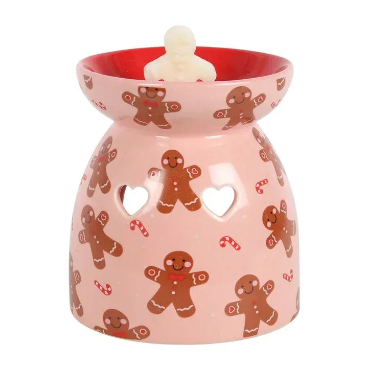 Gingerbread wax melt burner with red top, pink body, gingerbread character pattern