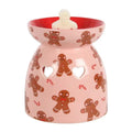 Gingerbread wax melt burner with red top, pink body, gingerbread character pattern