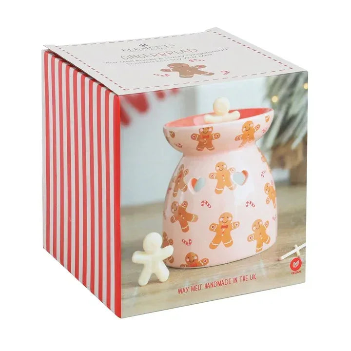 Gingerbread wax melt burner gift set box showing pink burner and white gingerbread topper