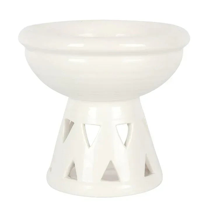 Off-white oil burner and wax warmer with deep bowl top and cut-out side openings