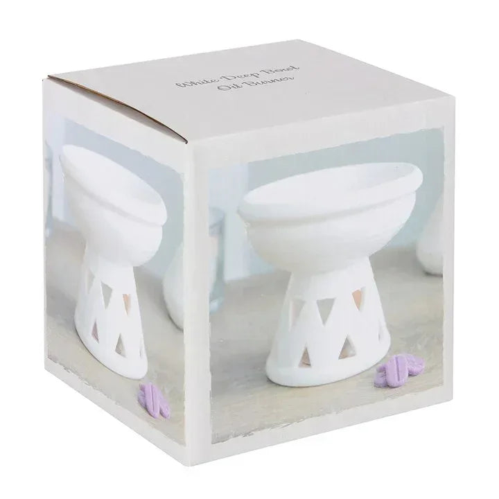 Off-white wax warmer oil burner in retail box, deep bowl with triangular cut-outs