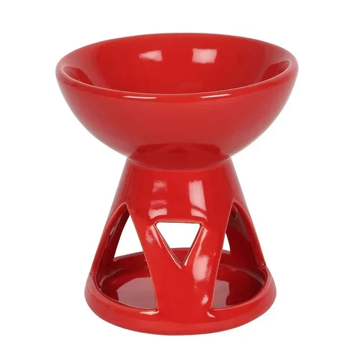Red oil/wax burner with open bowl and triangular cutout window, no candle