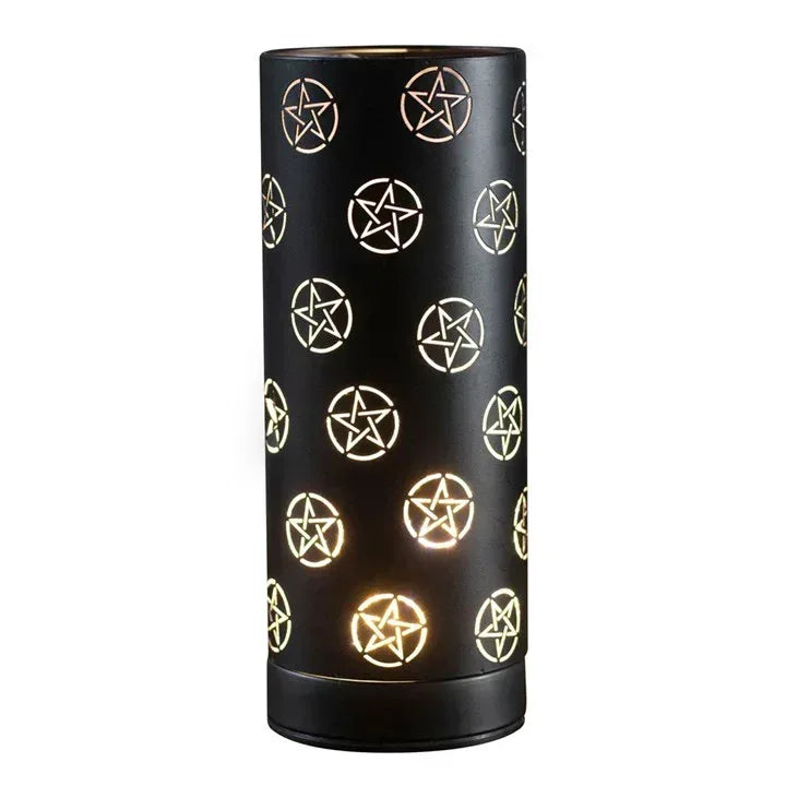 Black aroma lamp cylinder with glowing pentagram icons pattern