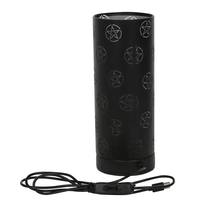 Black cylindrical aroma lamp with pentagram icons; includes power cord