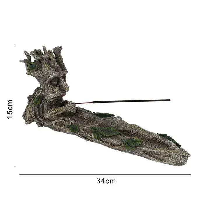 Reclining tree spirit incense stick holder, gray resin with green leaves, 34cm x 15cm