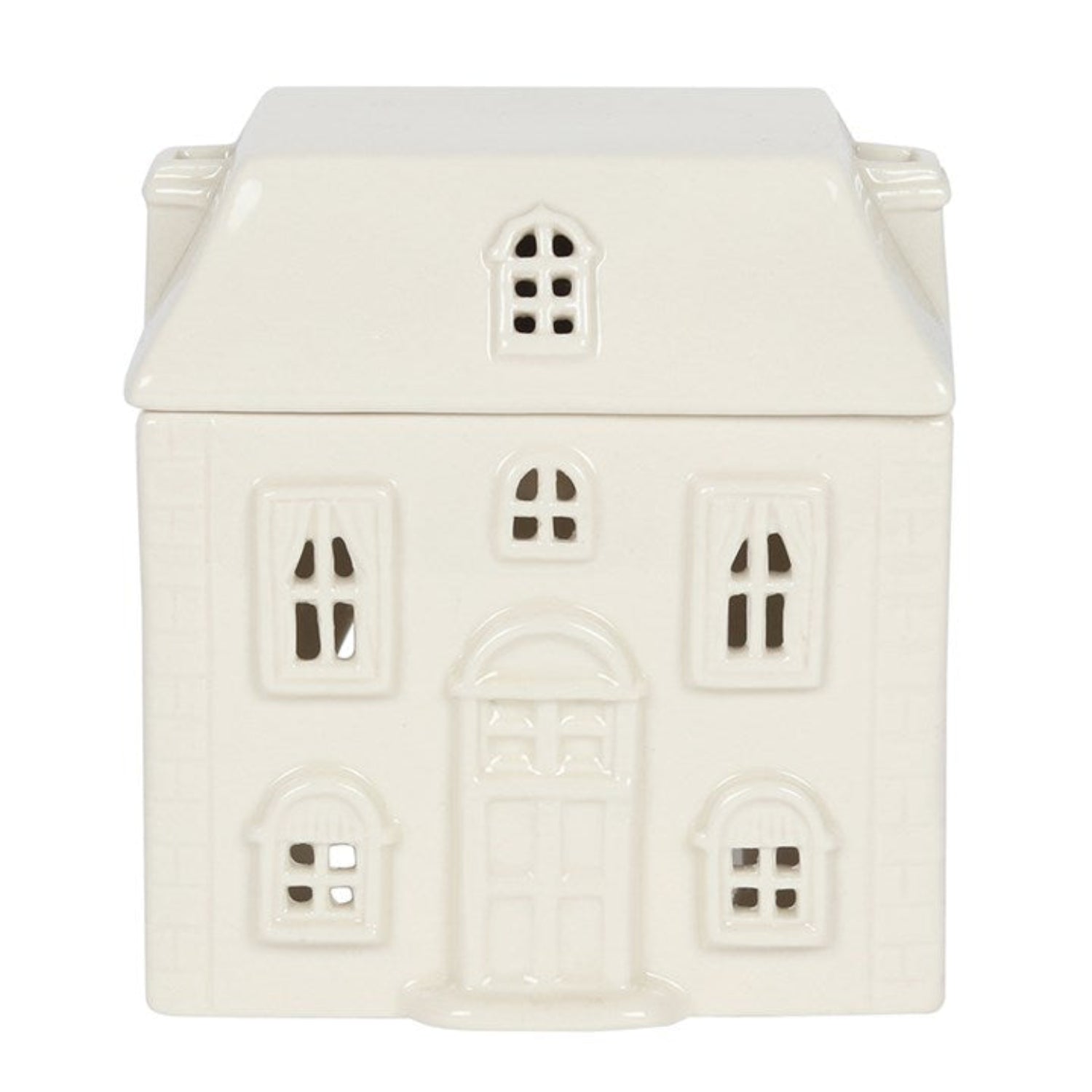 White ceramic house-shaped container with decorative windows on a white background
