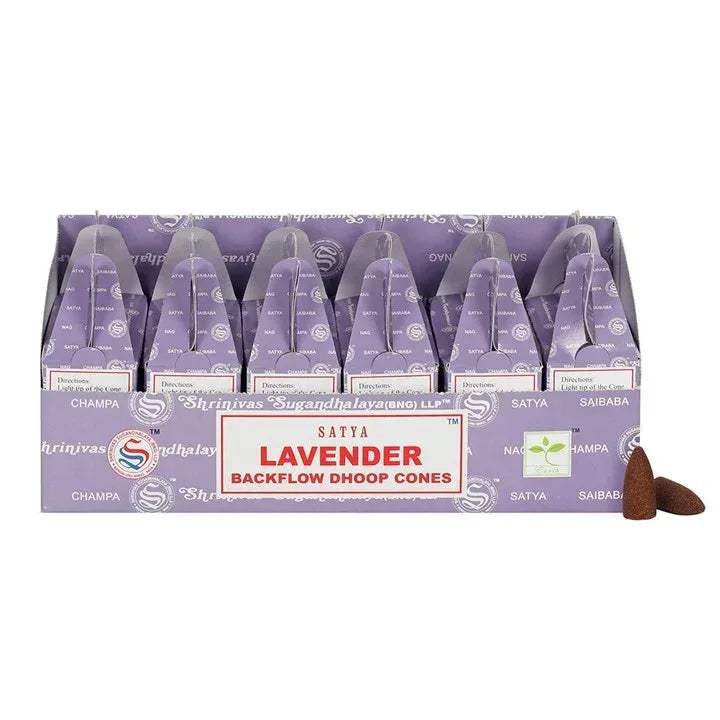 Satya Lavender backflow dhoop cone packets, purple packs with red label