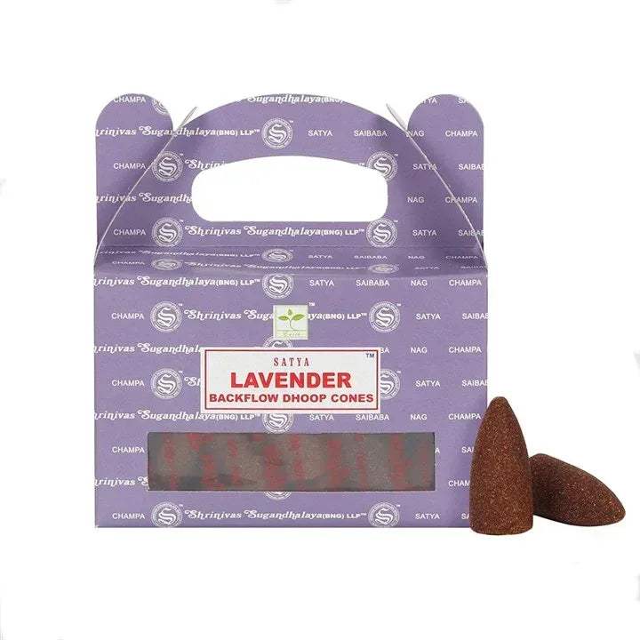 Satya Lavender backflow dhoop cone packets with two brown cones