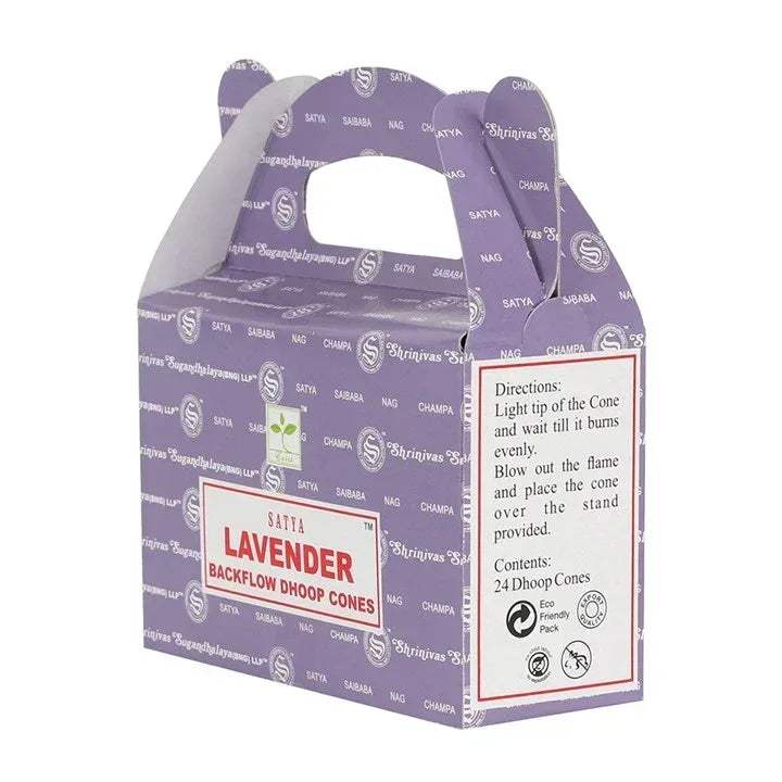 Satya Lavender backflow dhoop cones packet, front logo with side directions panel