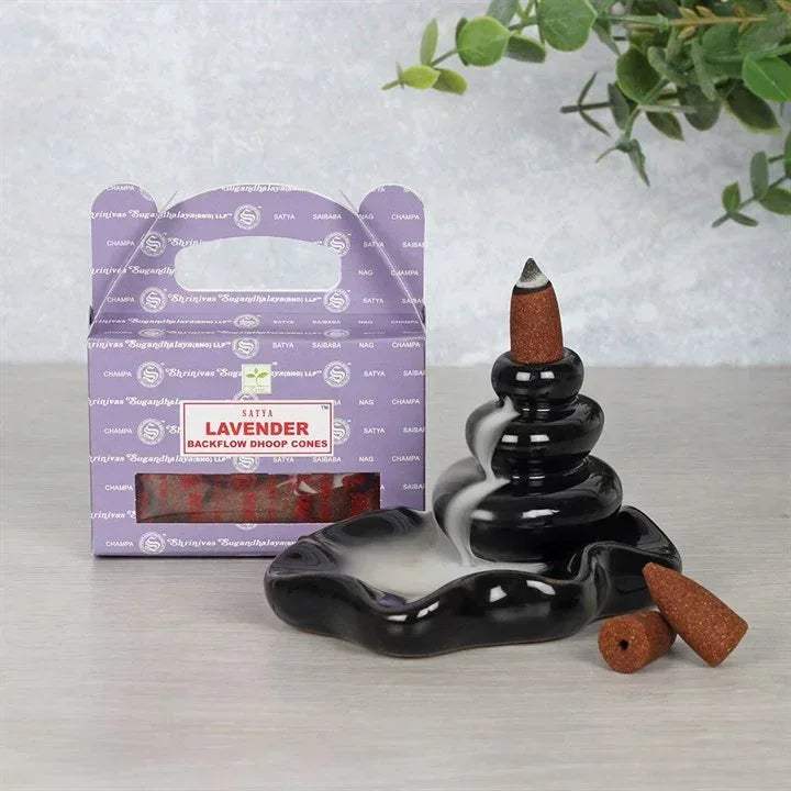 Satya Lavender backflow dhoop cones with black fountain-style incense holder