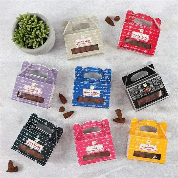 Set of six backflow dhoop cone packets in lavender, blue, black, red, orange