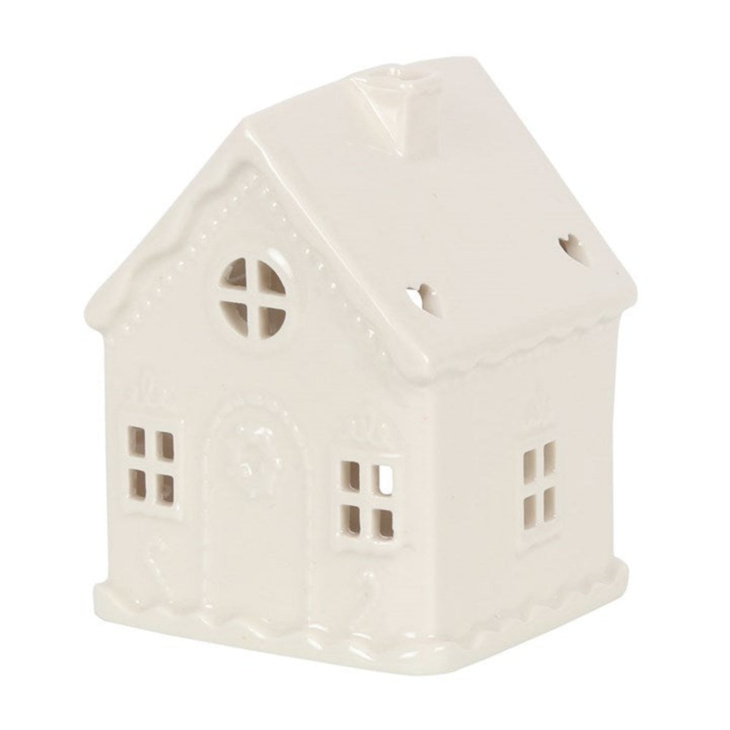 White ceramic house-shaped lantern on a white background