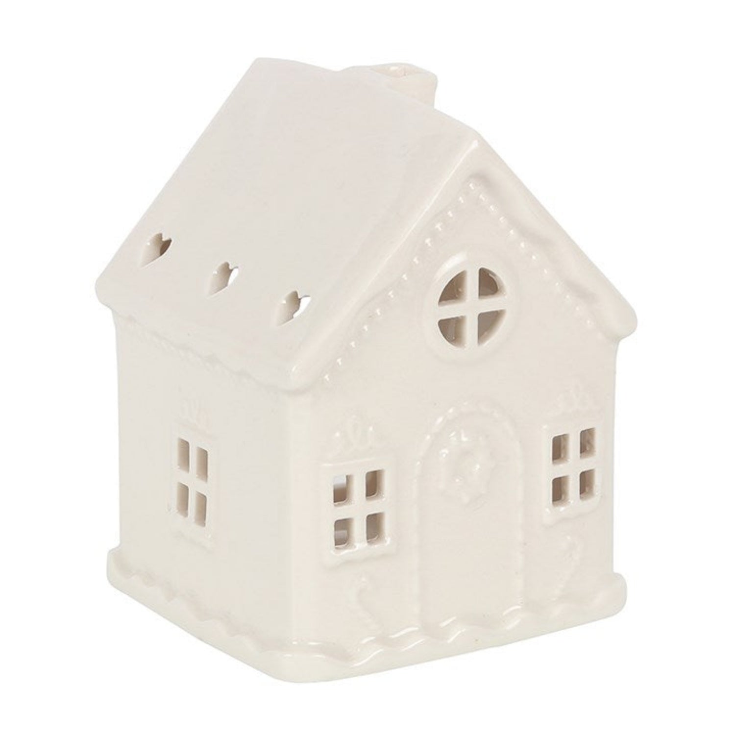 White ceramic house-shaped lantern on a white background