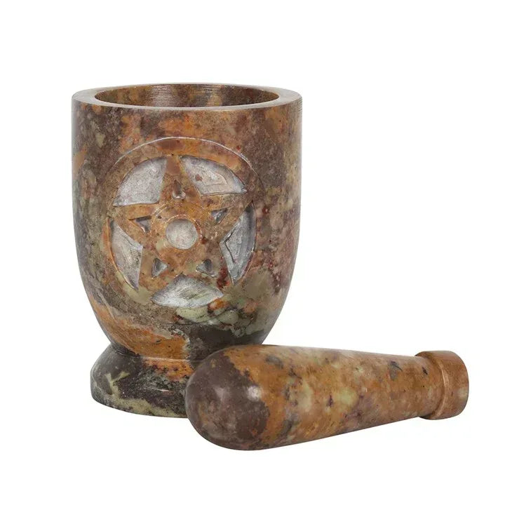 Stone pentagram mortar and pestle set, mottled brown with engraved pentagram