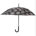 Black spiderweb-pattern umbrella with curved J handle, open canopy