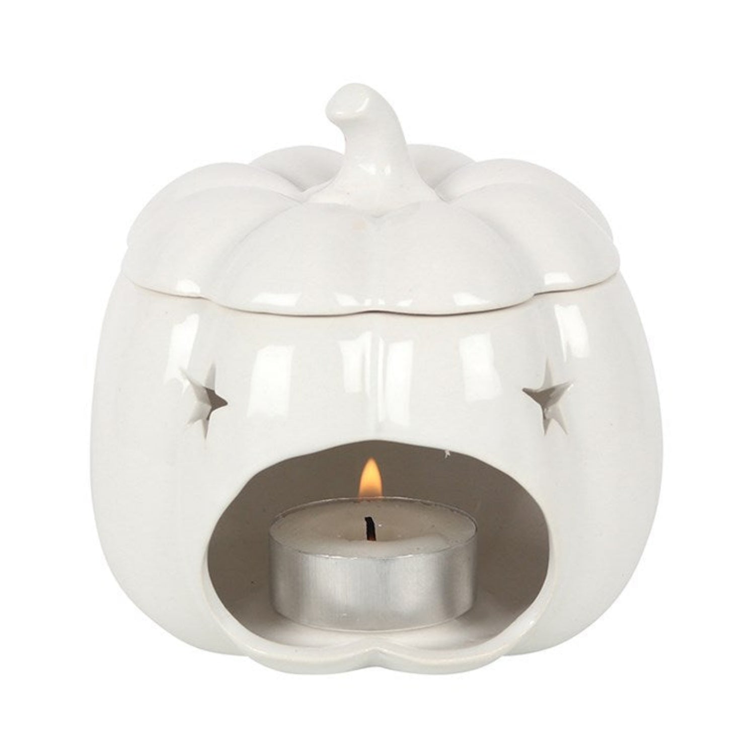 White ceramic oil burner with a lit tealight candle on a white background
