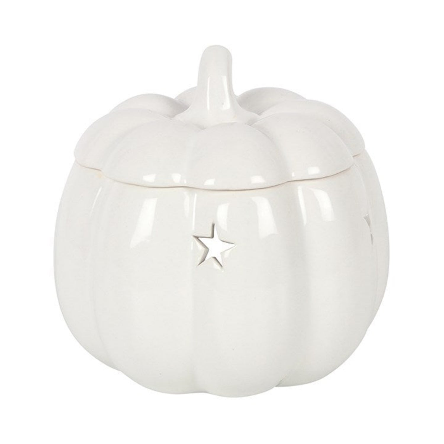 White ceramic apple-shaped container with a star emblem on a white background