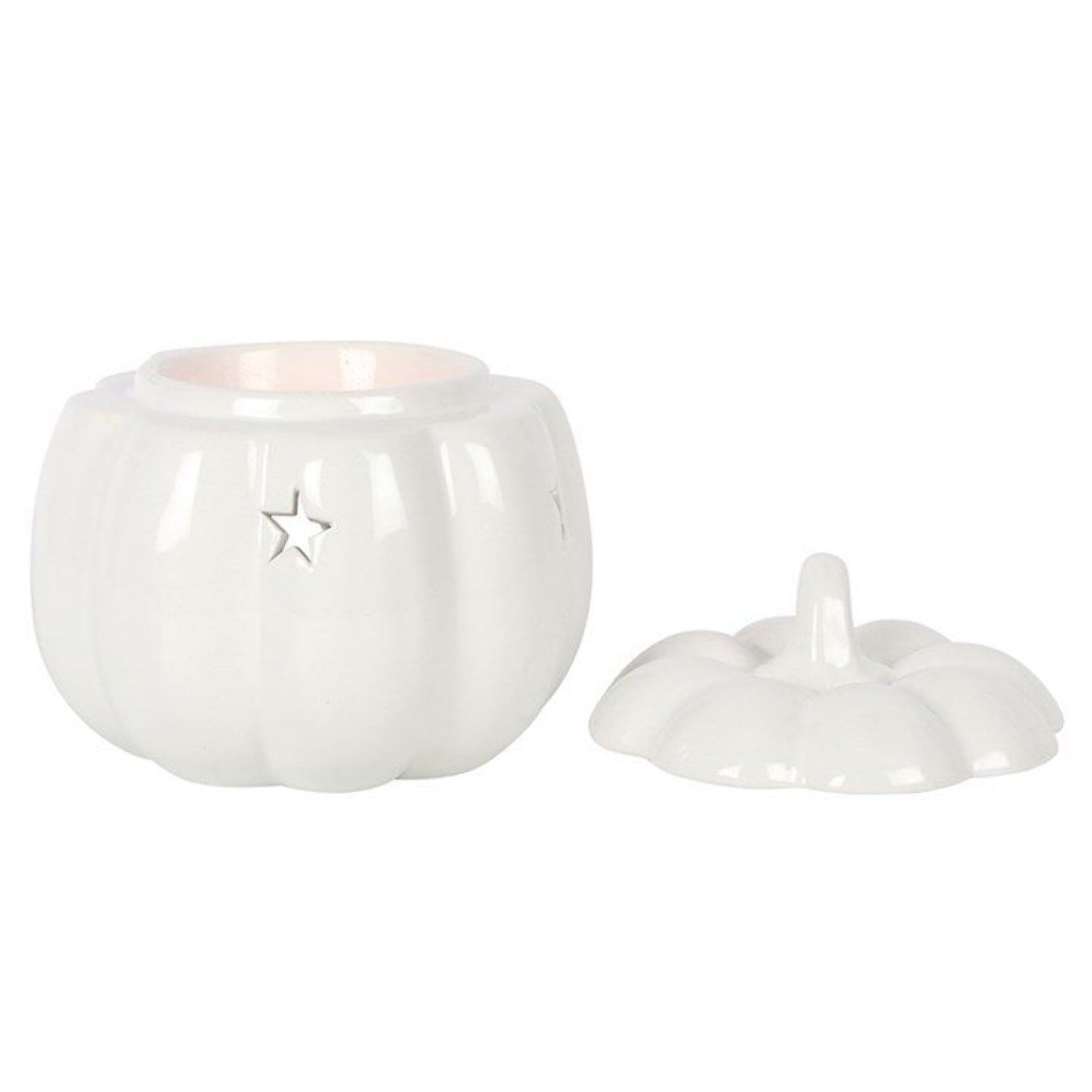 White ceramic jar with a star design and lid on a white background