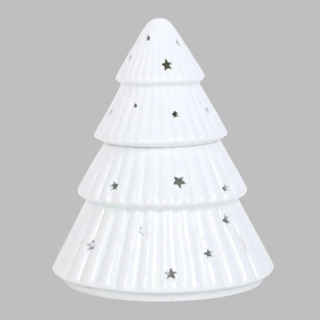 White pine tree-shaped lamp with star decorations on a white background
