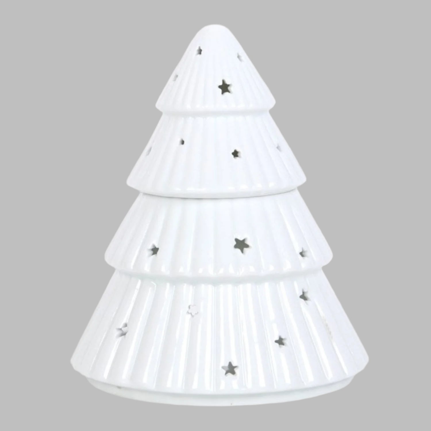 White pine tree-shaped lamp with star decorations on a white background