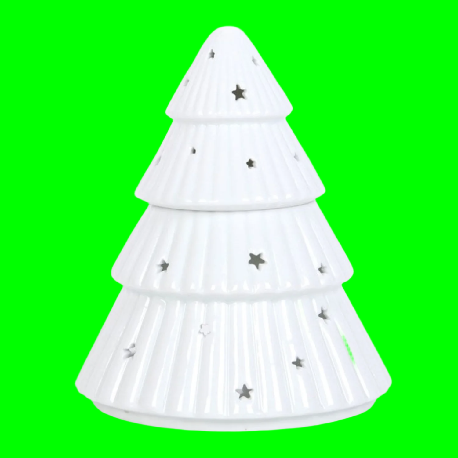 White pine tree-shaped candle holder with star decorations on a green background