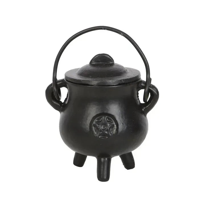 Small black cast iron cauldron with pentagram emblem, loop handle, three legs, domed lid
