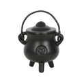 Small black cast iron cauldron with pentagram emblem, loop handle, three legs, domed lid
