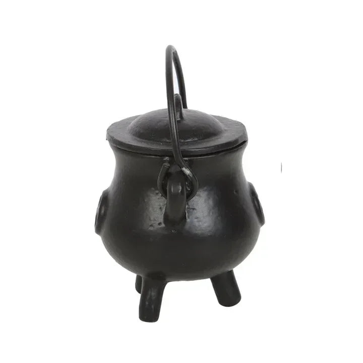 Black cast iron cauldron with domed lid, loop handle, and three tripod legs