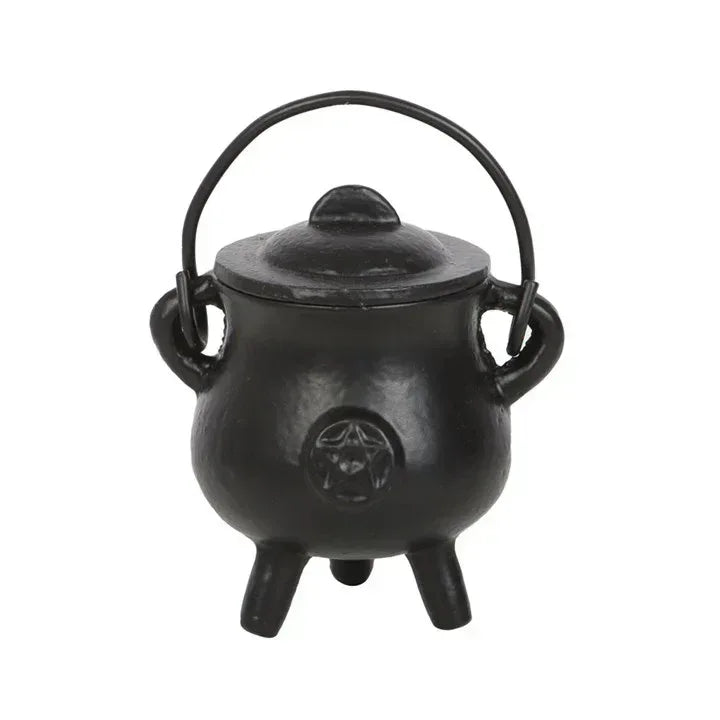 Small black cast iron cauldron with pentagram emblem, loop handle, domed lid, three legs