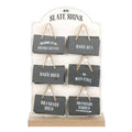 Mini slate sign set display with six dark slate plaques and rope hangers