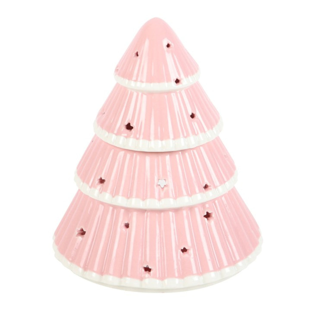 Pink pine tree-shaped candle on a white background