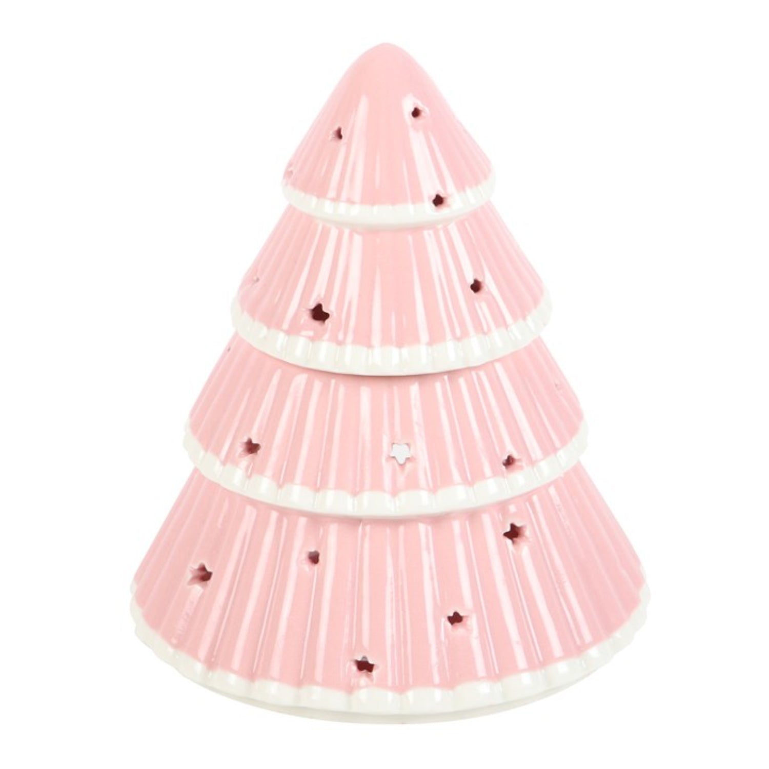 Pink pine tree-shaped candle on a white background