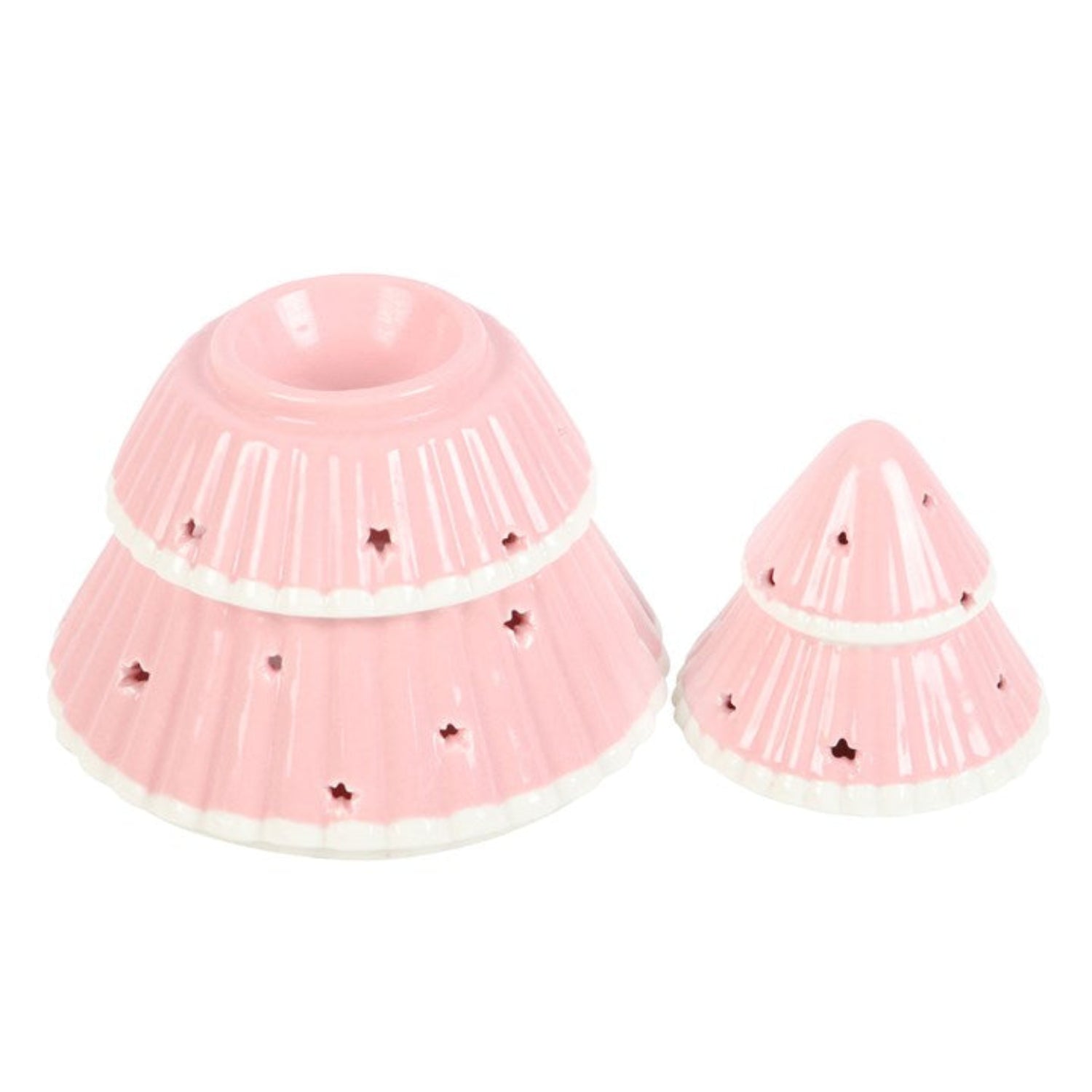 Two pink ceramic items with decorative patterns on a white background