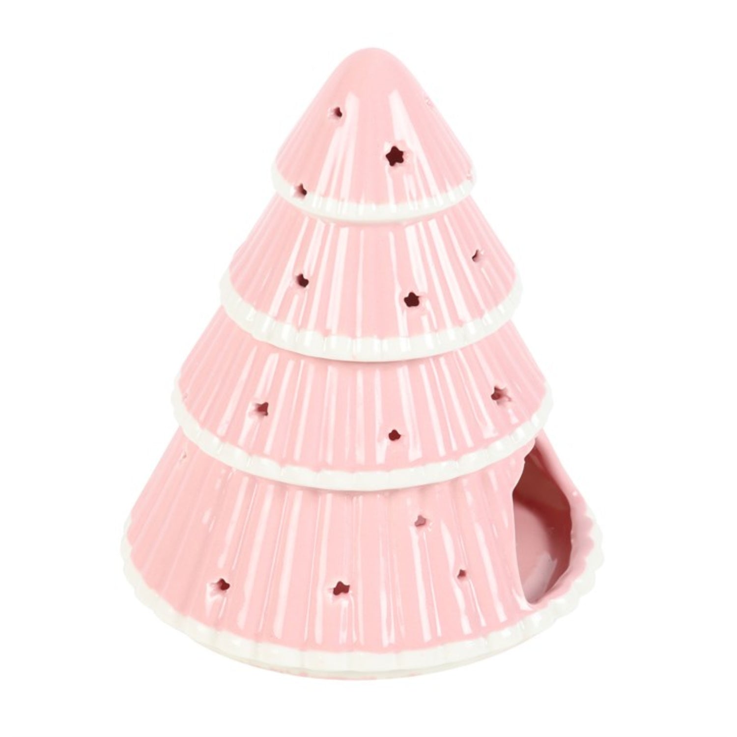 Pink ceramic pine tree-shaped candle holder on a white background