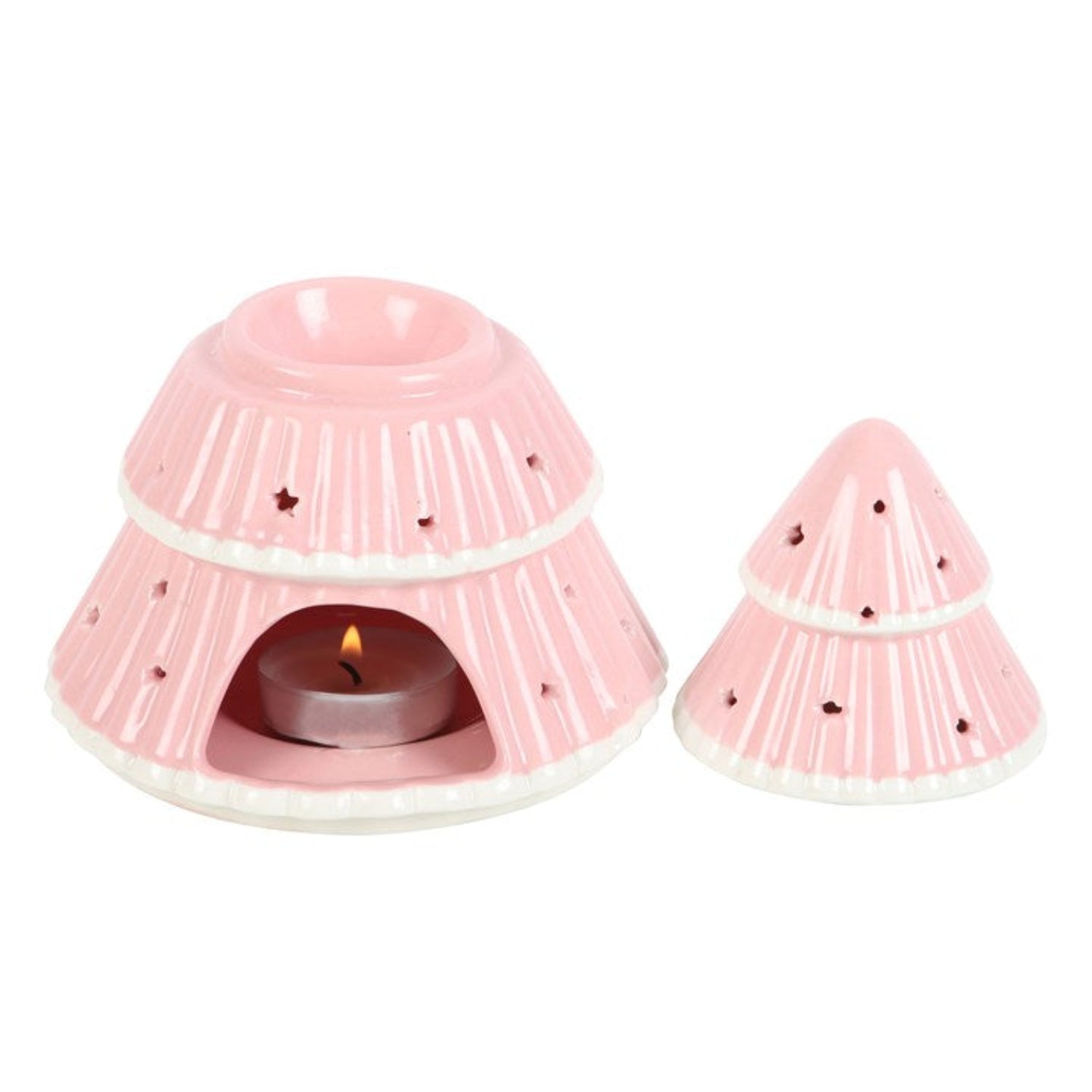 Pink ceramic incense burner with a smaller matching cone-shaped incense holder on a white background