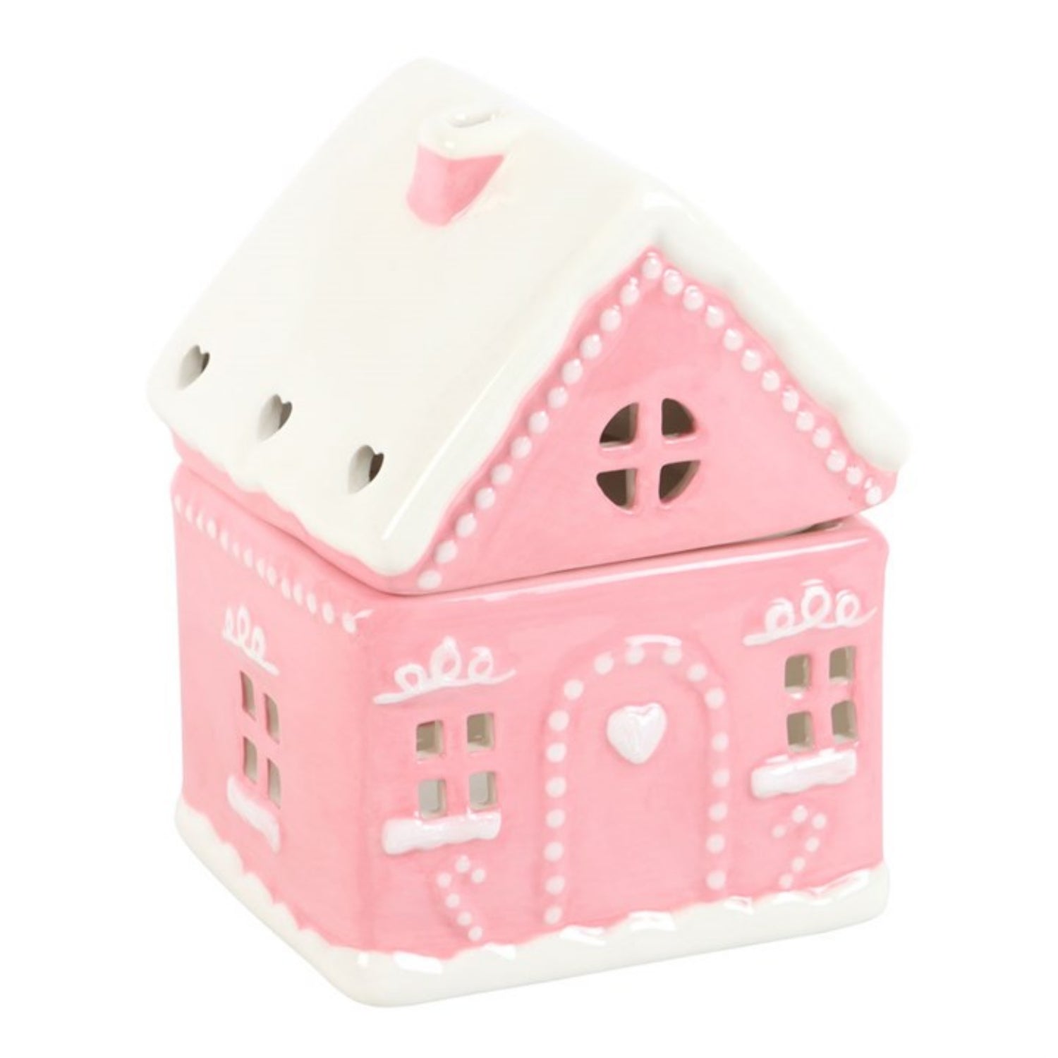 Pink house-shaped container with white roof on a white background